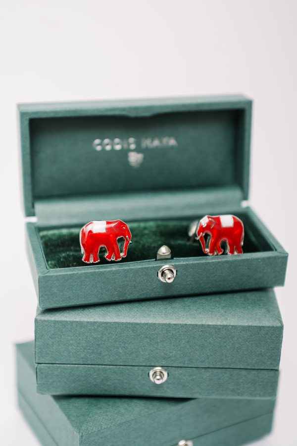 Codis Maya Silver Crimson Enamel Elephant Cufflinks