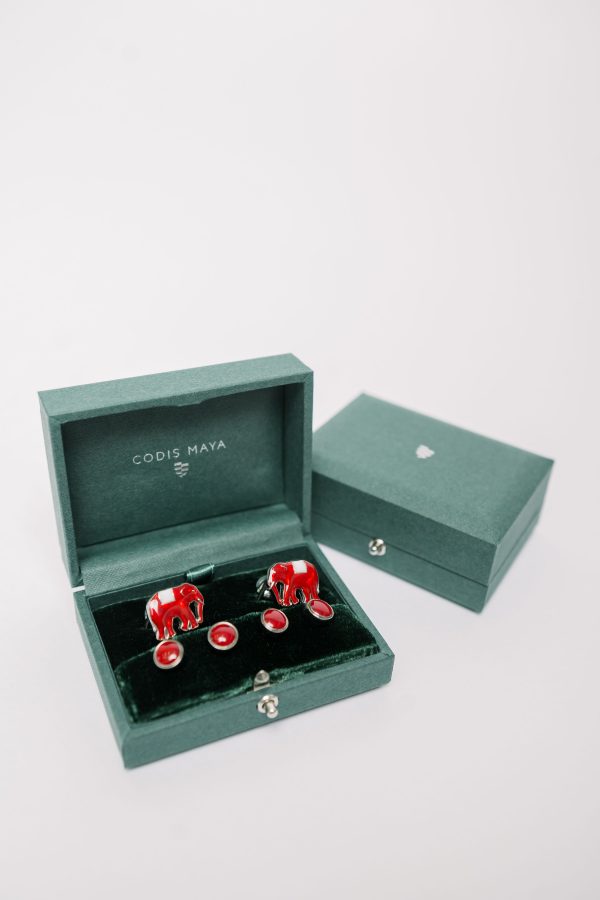 Codis Maya Silver Crimson Enamel Elephant Stud Set